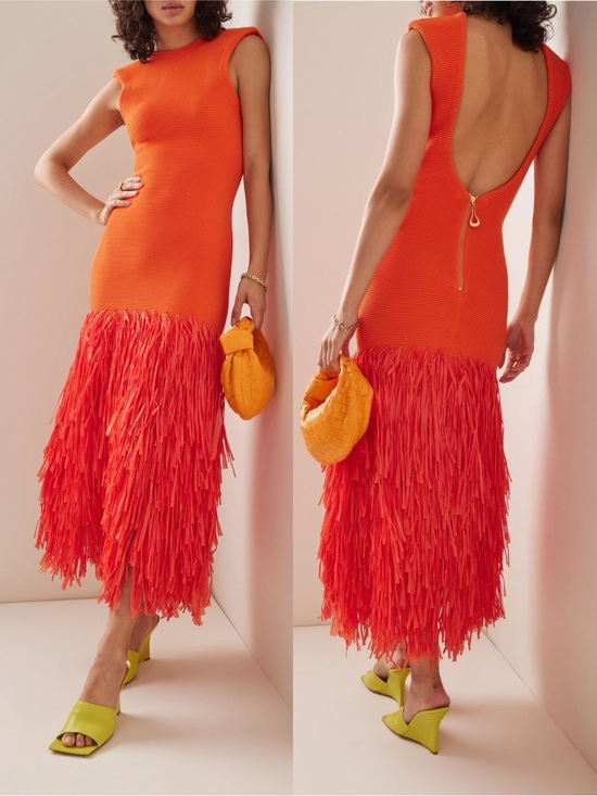 Aje Dresses & Skirts - Aje Rushes Raffia Trimmed Ribbed Stretch Knit Dress Orange